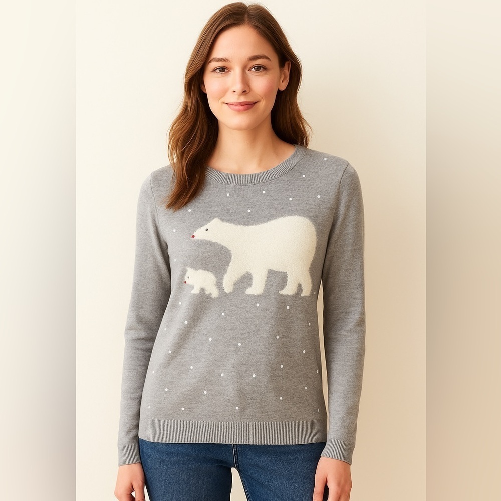 Talbots size M polar bear poke a dot gray white crew neck long sleeve sweater